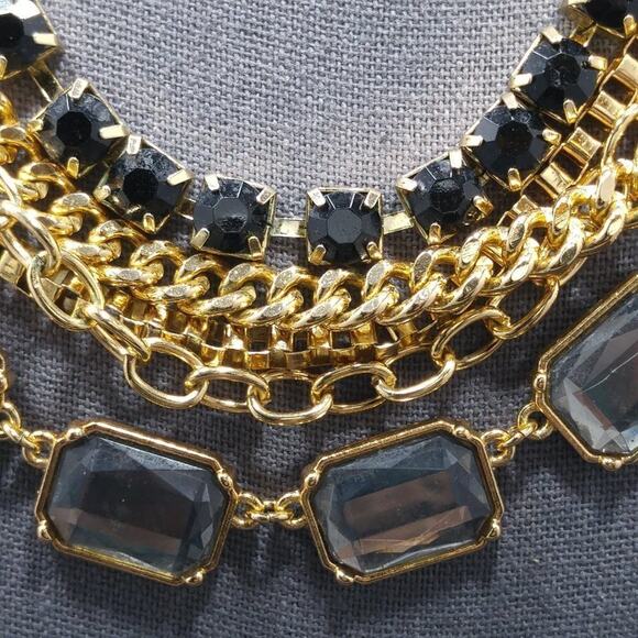 Multi Chain Rhinestone Long Necklace, Black Gray Rhinestones, 5 Strands, 26 Inch - Picture 3 of 6